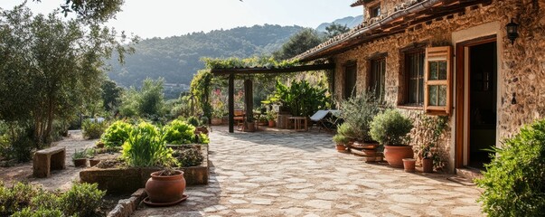 Fototapeta premium Charming rural stone house with lush garden and mountain view