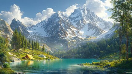 Fototapeta premium Majestic Mountain Lake with Camping Spot