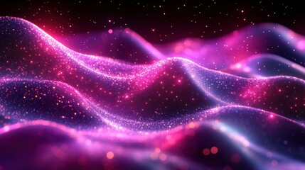 Vibrant abstract waves of pink and purple light create a mesmerizing digital landscape with sparkles