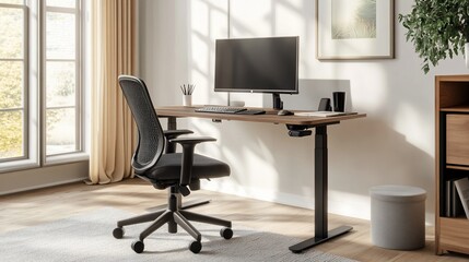 Ergonomic adjustable standing desk setup for a modern office space