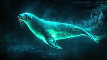 Fototapeta premium Glowing Seal Swimming Underwater, Ocean Depths
