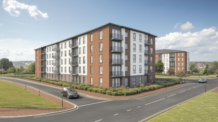 Modern residential complex urban area architecture suburban environment wide-angle view contemporary living