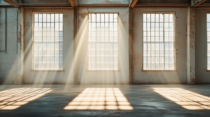 Sunbeams illuminate a large, empty industrial space with three tall windows, casting shadows on the concrete floor.