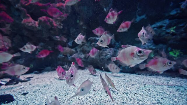 Many colorful tropical fish of different species swim over a beautiful reef covered with hard corals in a coral garden on turquoise water background, Slow motion