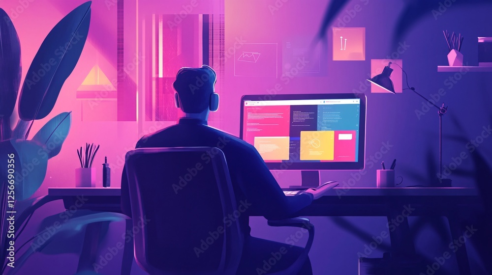 Poster Software developer working from home office at night using multiple monitors programming code