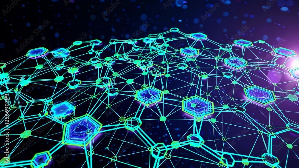 Poster complex hexagonal network glowing with vibrant neon colors, representing a futuristic digital cybers