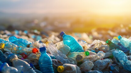 A vibrant scene of discarded plastic bottles in a landfill, highlighted by a warm sunrise, illustrating environmental pollution and waste issues. AI generated.