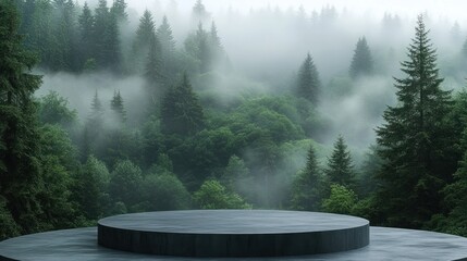Serene forest landscape with a circular platform amidst foggy trees, ideal for meditation or events