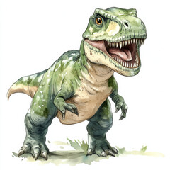 a tyrannosaurus in aquarell style, whole body image, smiling and friendly, white background 