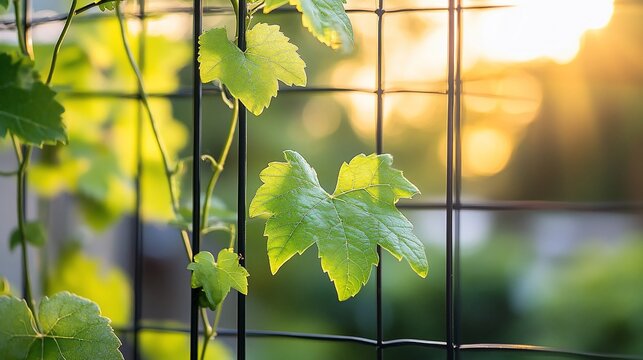 Lush green grape leaves growing on a wire fence at sunset.