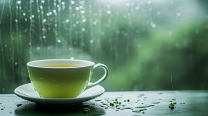 Fototapeta premium Serene scene featuring a white tea cup on a windowsill with raindrops on glass and lush greenery in the background, evoking tranquility. AI generated.