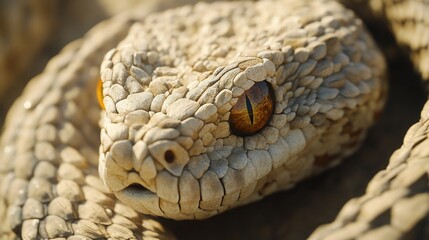 Obraz premium Close-up of a pale snake's head with vibrant orange eyes, coiled on the ground.