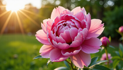 Pink peony flower blooming in sunlight