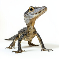 Obraz premium a velociraptor crossed with a crocodile full body isolated on a white background, photo realistic