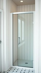 Fototapeta premium White wood bathroom corner shower glass door vertical