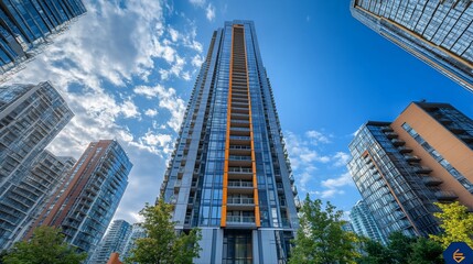 Modern skyscraper towering against a blue sky, surrounded by urban architecture and greenery
