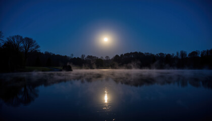 Obraz premium Moonlit reflection on misty lake at night