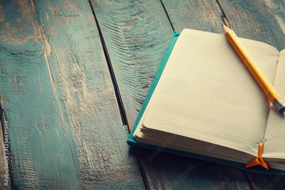 Aufkleber Open notebook with a pencil resting on a bright wooden desk inspires creativity and organization. Generative AI