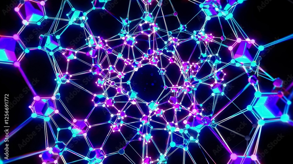 Poster glowing lines and dots are forming a complex structure, creating a futuristic plexus abstract techno