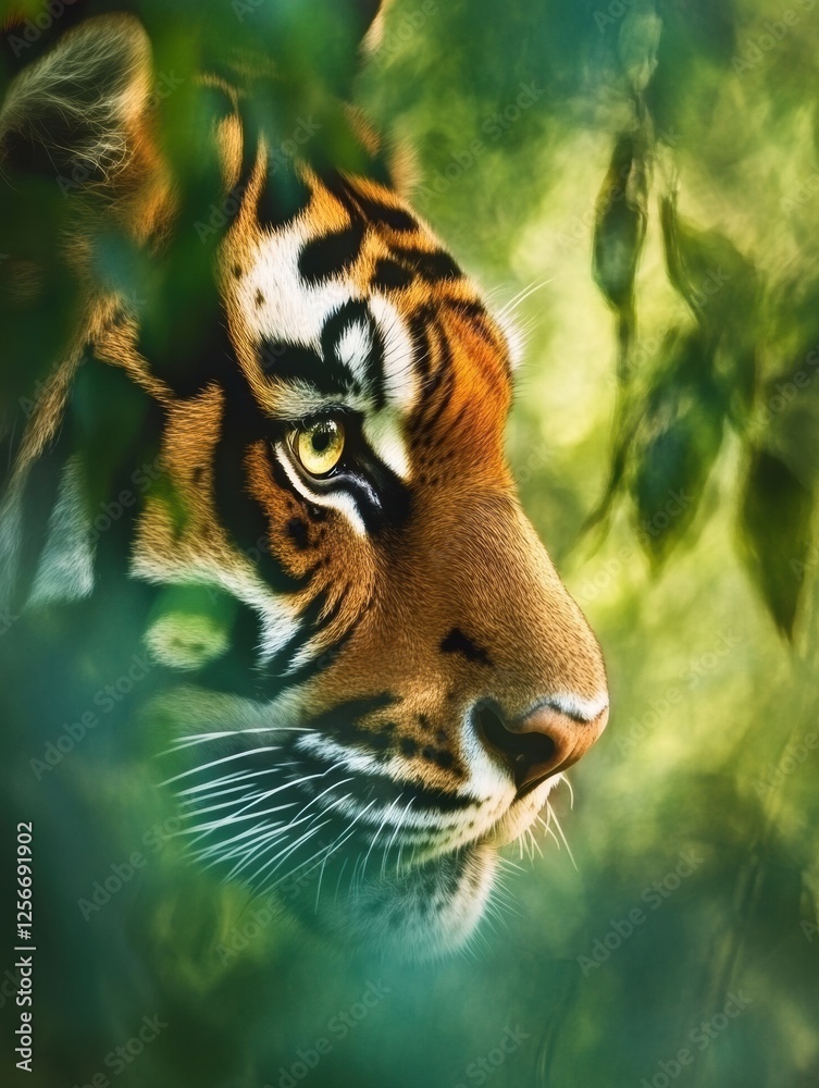 Poster vibrant impressionist tiger portrait surrounded by lush jungle foliage with space for text. generati