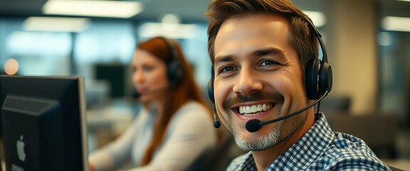 Smiling man with headset in an office another person in background representing customer support