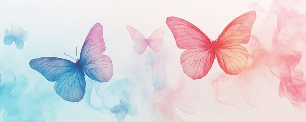 Colorful butterflies in pastel mist with soft gradient background