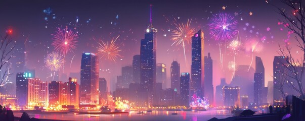 Obraz premium Vibrant fireworks display over illuminated city skyline at night