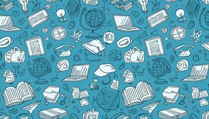 Online education hand drawn seamless web banner. E-learning doodles on blue background. Generated image