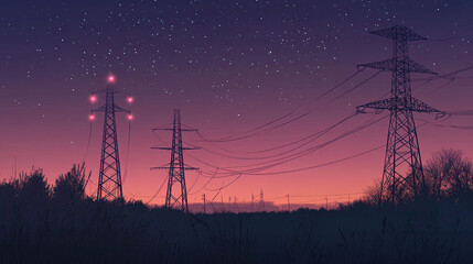 Serene Night Sky over Power Lines and Silhouetted Landscape