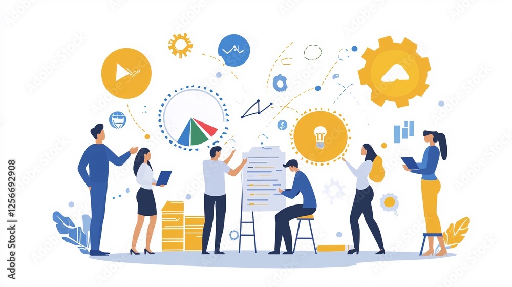 Poster Business team developing a startup idea and analyzing statistics