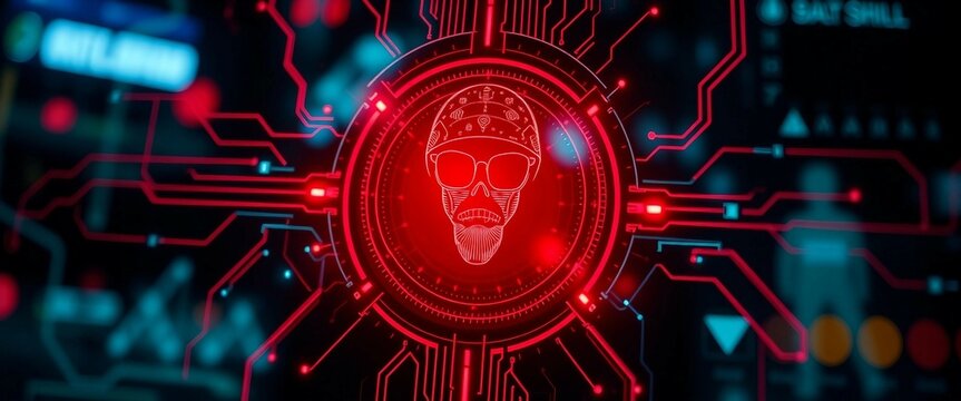 Hacker attack system red alert symbol hologram and cybersecurity icons