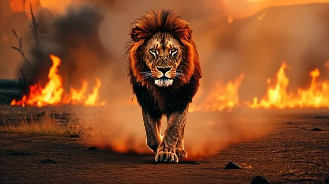 Lion running away from the fire. Destruction of wildlife habitat, ecological disaster. Animal protection concept
