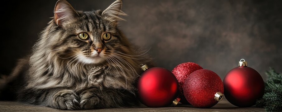 Fluffy cat with red christmas ornaments on festive background