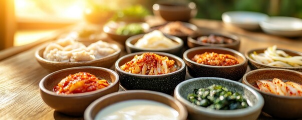 Experience the allure of Traditional Korean banchan presented in a modern dining setup Discover the beauty of earthy tones and vibrant colors harmonizing in an artful side dishes arrangement Explore