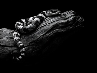 Black and white photo of a snake resting on a piece of wood against a black background.