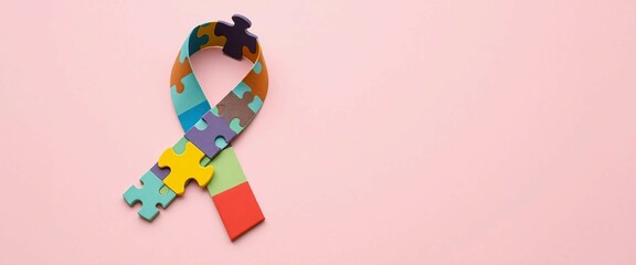 Autism Awareness ribbon made from a variety of colorful puzzles On pastel pink Background
