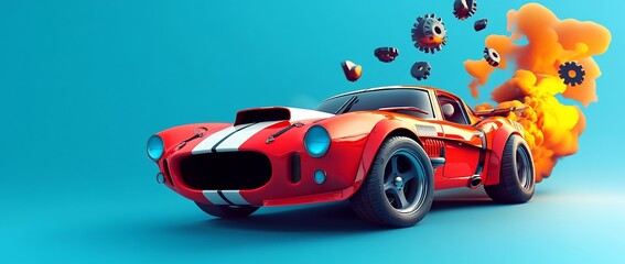 Red classic sports car with gears and flames, blue background.