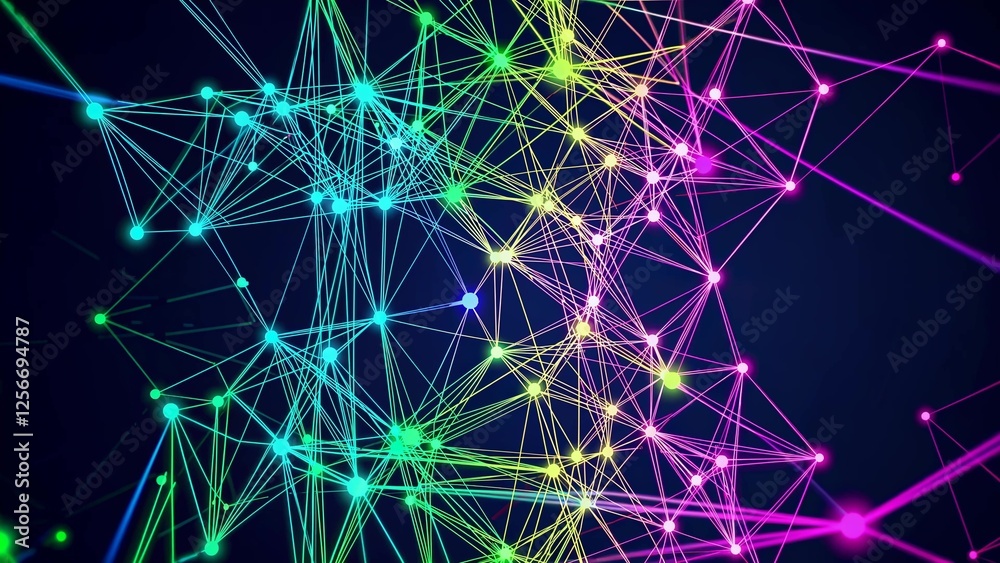 Poster Dynamic display of interconnected neon lines and nodes forming a complex network on a dark background, illustrating concepts of technology, connectivity, and digital communication