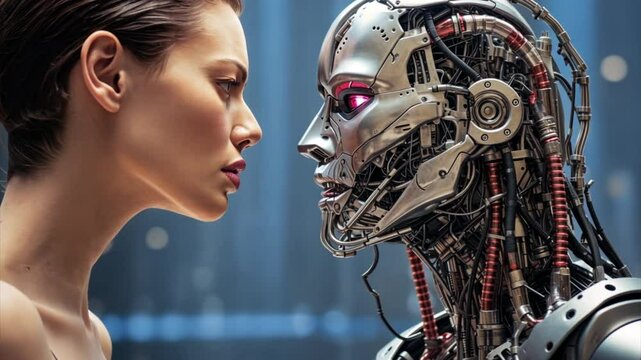 Robot and a beautiful woman. Love between artificial intelligence android and human, kissing a cyborg