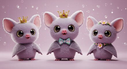 Obraz premium Three adorable purple cartoon bats wearing crowns and flower decorations