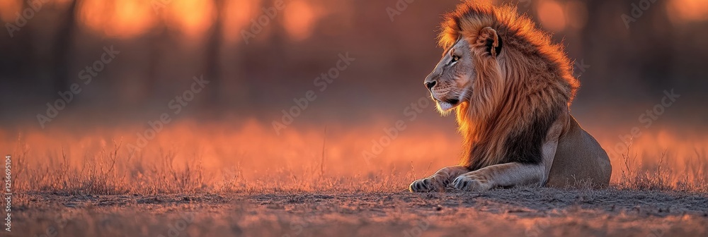 Aufkleber Regal lion with glowing mane basking in sunset light in serene landscape with space for text. Generative AI