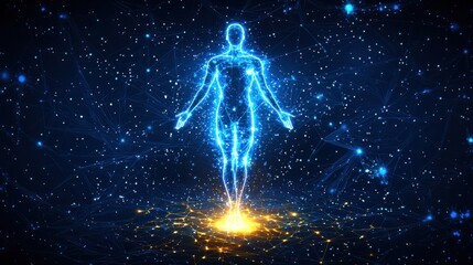 Fototapeta premium Ethereal Human Silhouette Made of Light in Cosmic Environment