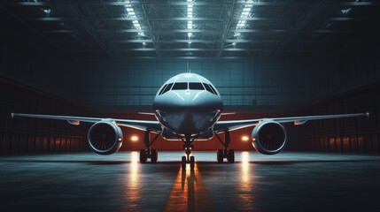 Fototapeta premium Modern airplane parked inside a spacious hangar with bright lighting and distinct architectural elements. Generative AI