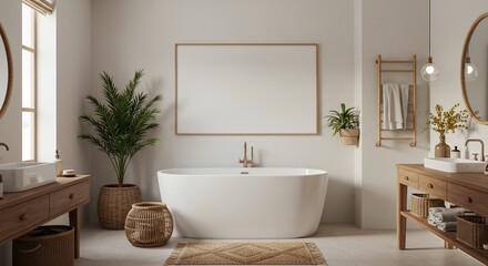 A modern minimalist bathroom featuring a bathtub and wooden accents