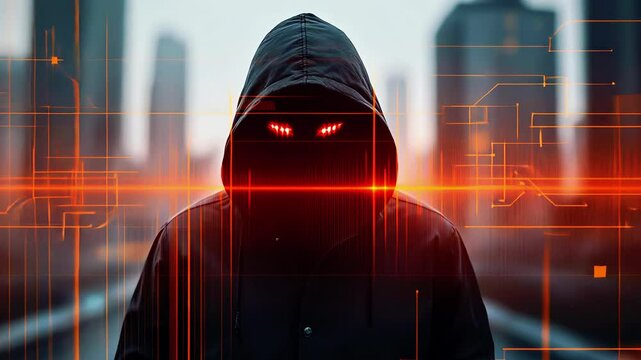 Mysterious figure in a hooded jacket stands against a futuristic cityscape with glowing elements