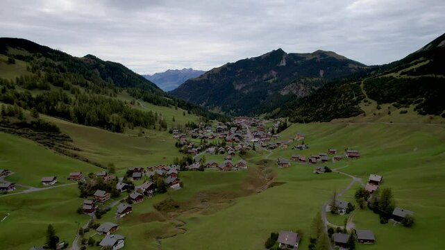 Beautiful aerial Footage of Malbun the Alps and the small town in Liechtenstein