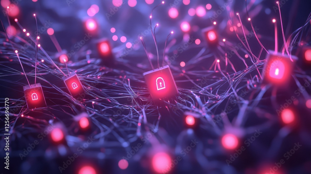 Poster a conceptual image of cybersecurity with digital lock icons and glowing encryption data streams. cop