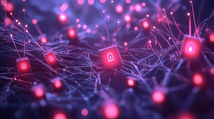 A conceptual image of cybersecurity with digital lock icons and glowing encryption data streams. Copy space.