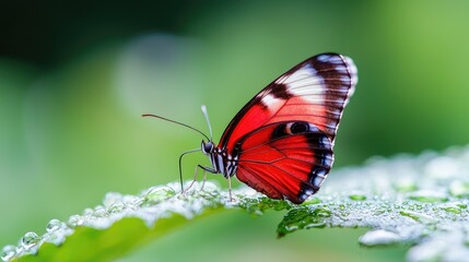 Fototapeta premium Red butterfly on dew-covered leaf, garden background, nature photography, stock image