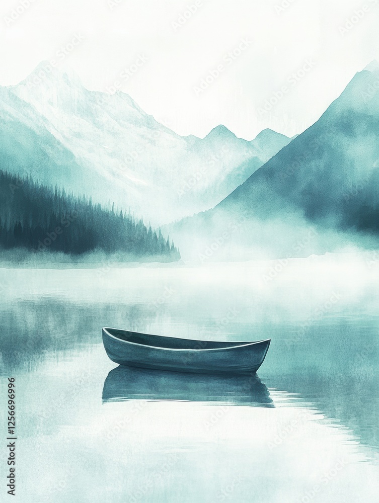 Poster serene watercolor illustration of a rowboat floating on a calm mountain lake surrounded by misty pea